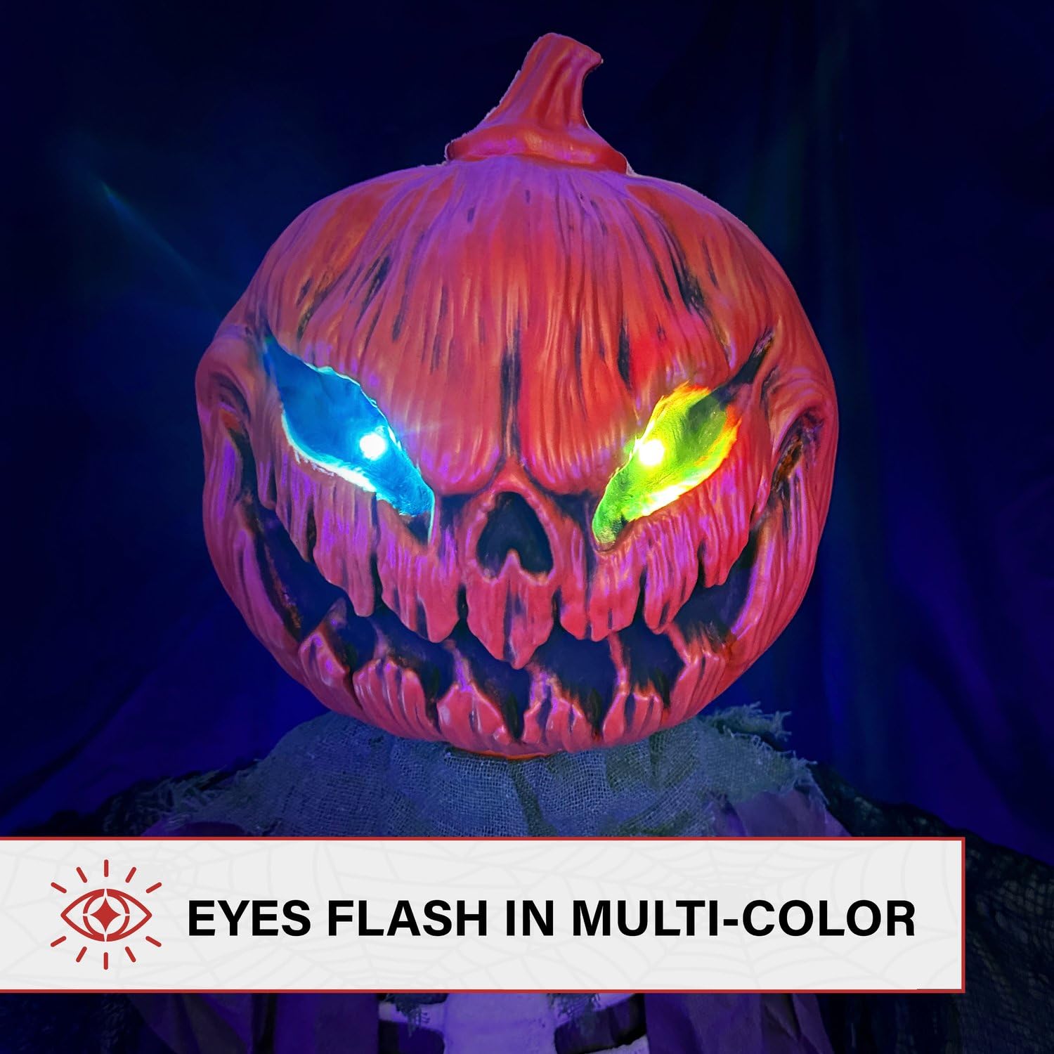 Haunted Hill Farm Life-Size Poseable Pumpkin Scarecrow, Halloween Animatronic with Touch Activated Lights and Sound, Scary Frigh